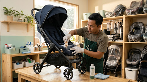 Teknisi spesialis pengerjaan service dan restorasi stroller Nafal Baby Care